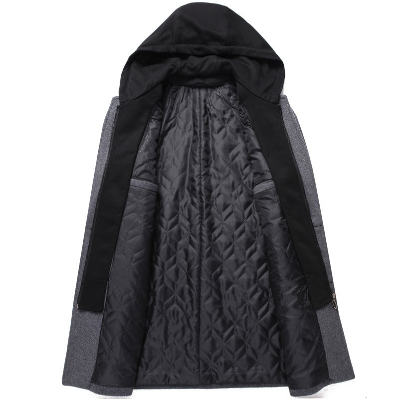 Mens Detachable Hooded Woolen Winter Coat Jacket Mid-Length Single Breasted Image