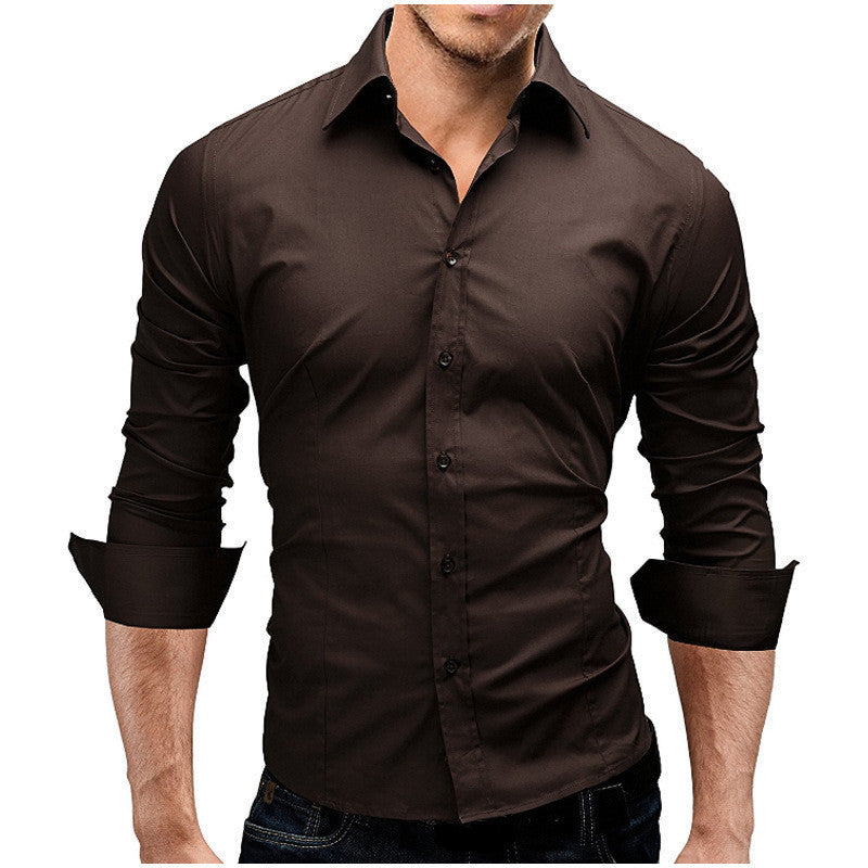 Men's Slim-fit Long-sleeved Solid Color Simple Formal Shirt Image