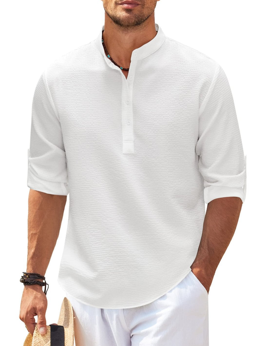 Men's Casual Shirt  Long Sleeve Stand Collar Solid Color Shirt Mens Clothing Image