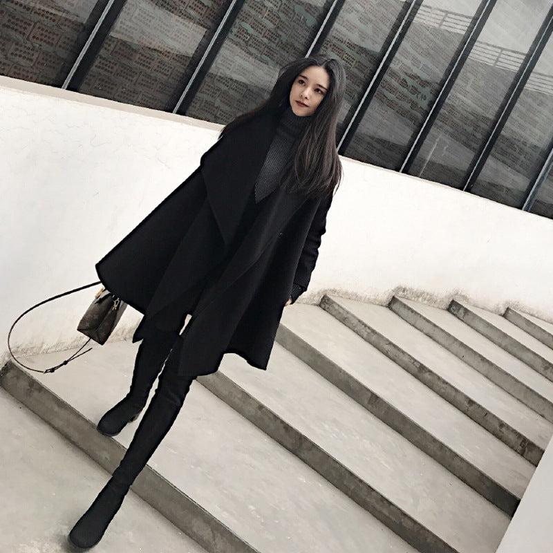 Black Medium Long Irregular Loose Cloak Woolen Coat Image