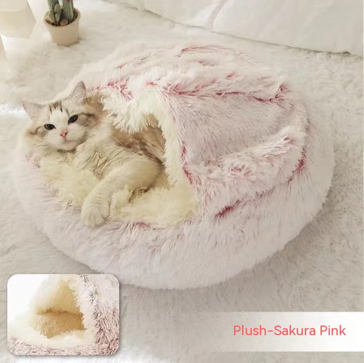 2 In 1 Dog And Cat Bed Pet Winter Bed Round Plush Warm Bed House Soft Long Plush Pets Bed Image