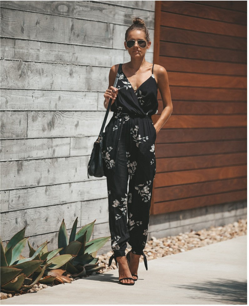 Women's Jumpsuit Flowers Print Spaghetti Strap Romper Image