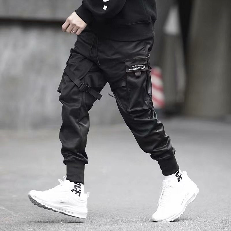 Ribbons Harem Joggers Men Cargo Pants Streetwear Hip Hop Casual Pockets Cotton Track Pants Image