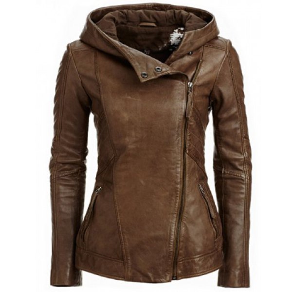 Fashion Hooded Long Sleeve Leather Jacket Image