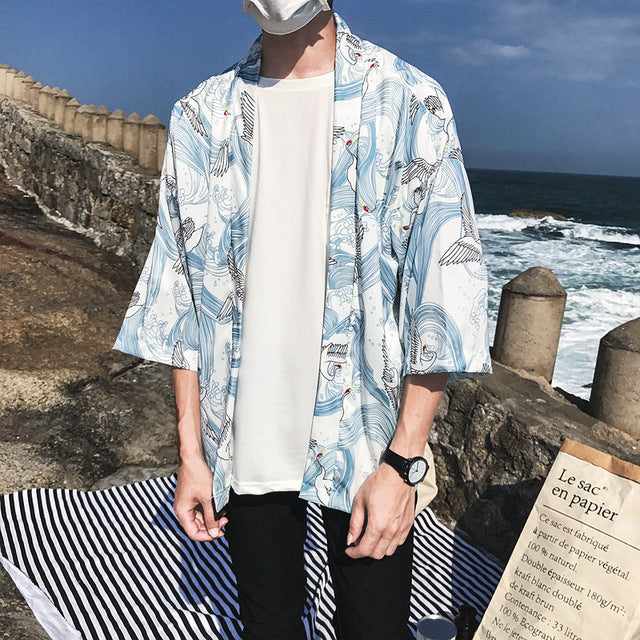 Printed Japanese Style Kimono Jacket cardigan men clothing cardigan male streetwear hiphop casual coat loose kimono Image