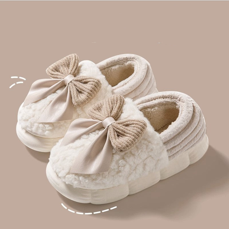 Big Bow-knot Fluffy Slippers Winter Warm Covered Heel Cotton Shoes Fashion Thick-soled Platform Slippers Indoor And Outdoor Garden Walking Shoes Image