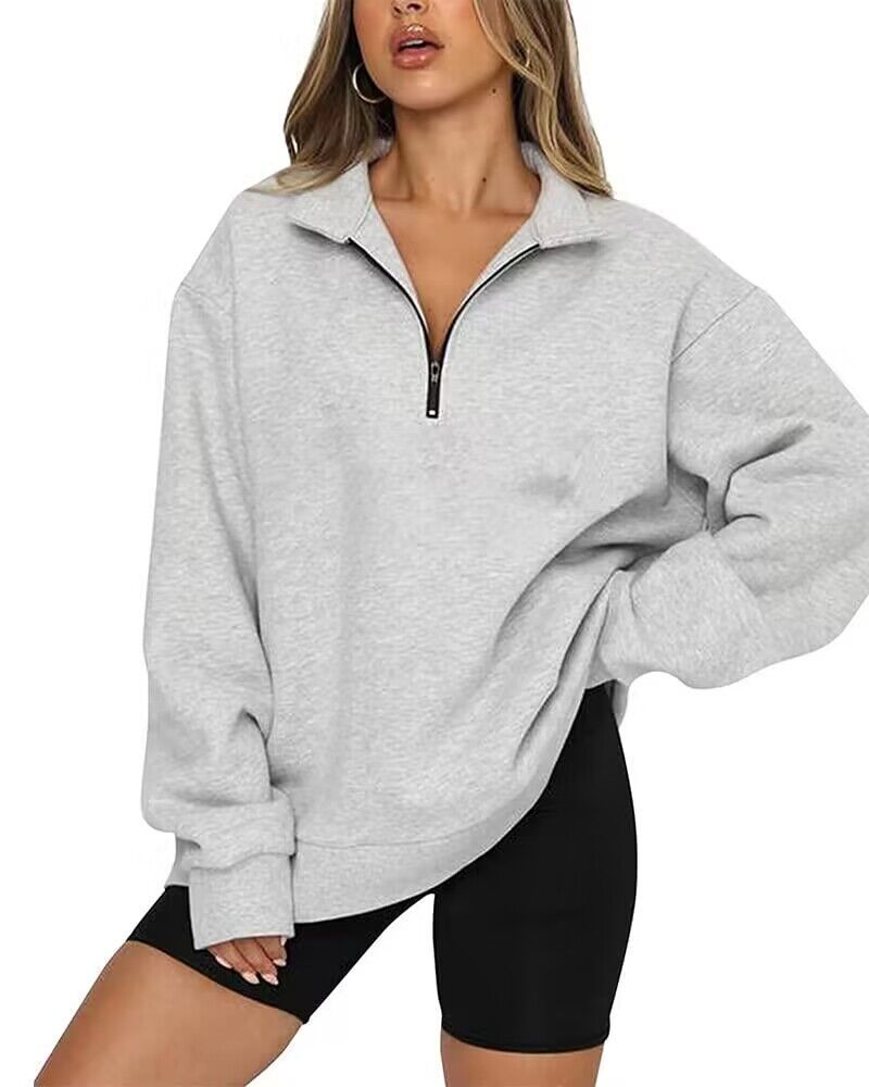 Women Sweatshirts Zip Turndown Collar Loose Casual Tops Clothes Image