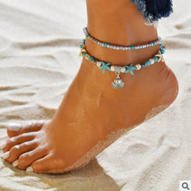 Europe and America Conch Mizhu Yoga Anklet Turtle Bracelet Beach Pendant Starfish Pearl Retro Turtle Anklet Image