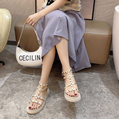 Fairy Style Roman Sandals For Women Round Toe Flats Rivet Platform Sandals For Women