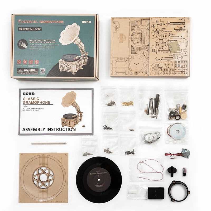 Robotime ROKR DIY Hand Crank Classic Gramophone Wooden Puzzle Model Building Kits Assembly Toy Gift For Children LKB01 Image