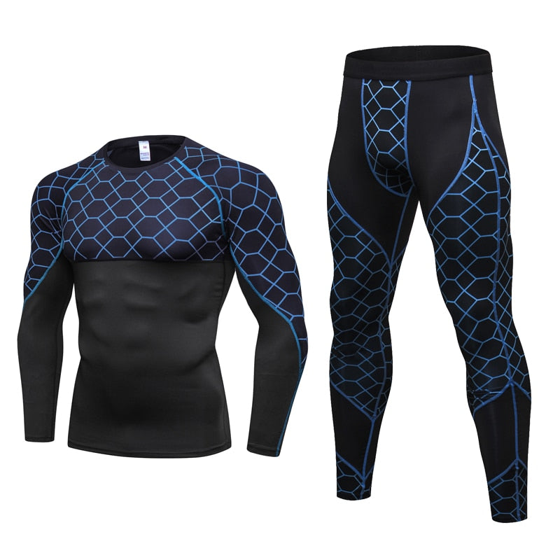 Men's Compression Run jogging Suits Grid Clothes Sports Set Long t shirt And Pants Gym Fitness workout Tights clothing 2pcs Sets Image