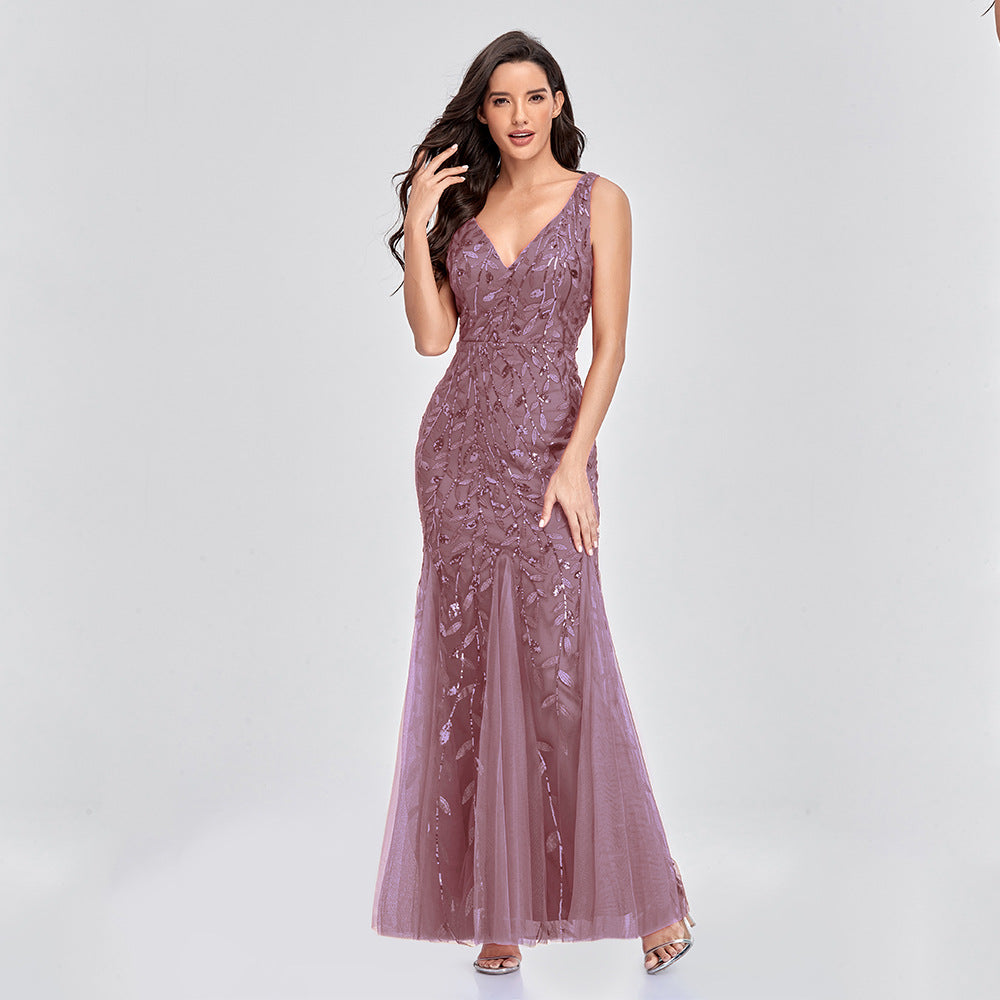 Sexy Long Dress Sleeveless V-neck Embroidered Sequin Slim Mermaid Dress Image