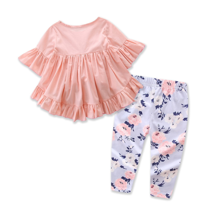 Toddler Kids Baby Girls Outfits Clothes Sets Cotton T-shirt Top Short Sleeve Pants Flower 2PCS Clothing Set Image