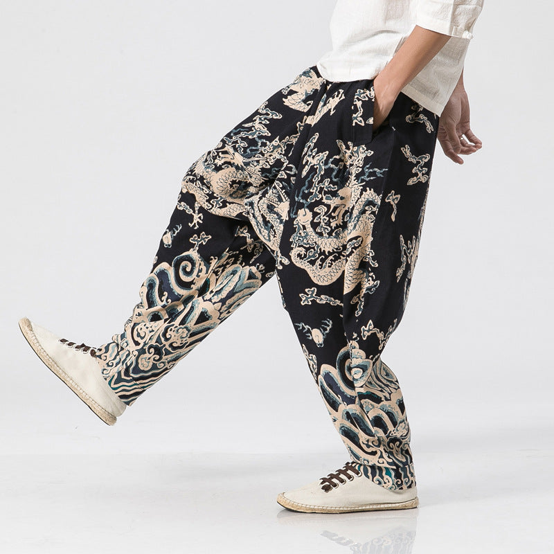 Men Fashion Hip Hop Cross Pants Male Harem Pants Dragon Print Pattern Elastic Waist Punk Loose Length Trousers Casual Cool Image