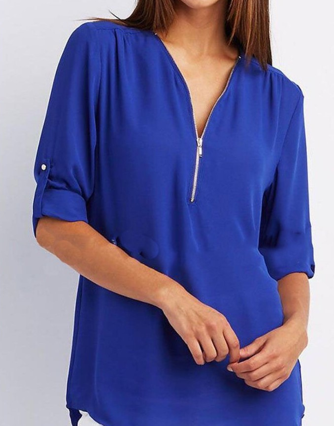 Zip V-neck Shirts Women Short Sleeve Loose Tops Image