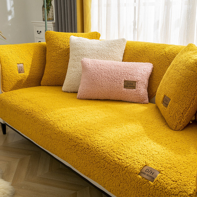 Modern Solid Color Winter Lamb Wool Sofa Towel Thicken Plush Soft And Smooth Sofa Covers For Living Room Anti-slip Couch Cover Image