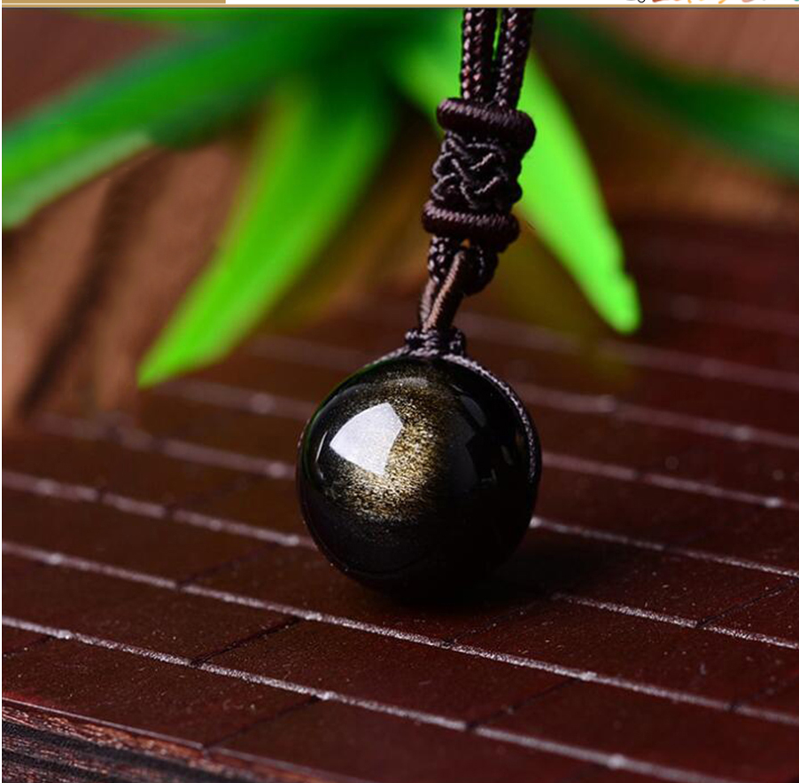 Black Gold Natural Obsidian Stone Pendant Lucky Transfer Beads Pendant Necklace Male Female Lovers Fashion Jewelry Image