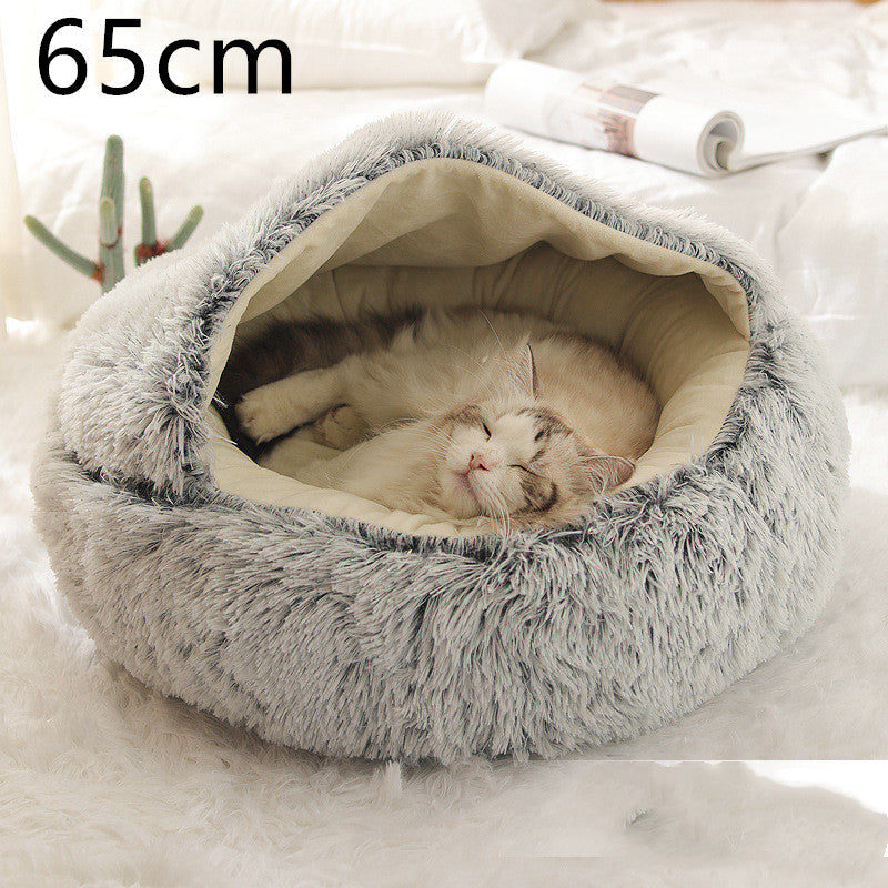 2 In 1 Dog And Cat Bed Pet Winter Bed Round Plush Warm Bed House Soft Long Plush Pets Bed Image