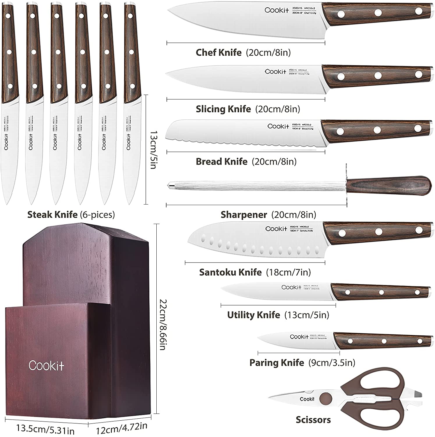 Kitchen Knife Sets, 15 Piece Knife Sets with Block for Kitchen Chef Knife Stainless Steel Knives Set Serrated Steak Knives with Manual Sharpener Knife Amazon Platform Banned Image