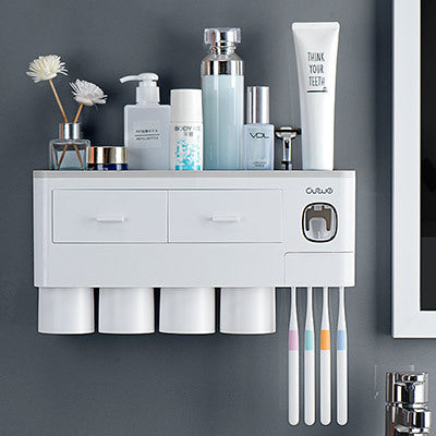 Non-marking Hanging Magnetic Toothbrush Holder Single Drawer Storage Rack With Toothpaste Squeezer Toiletry Set Image