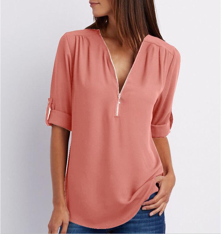 Zip V-neck Shirts Women Short Sleeve Loose Tops Image