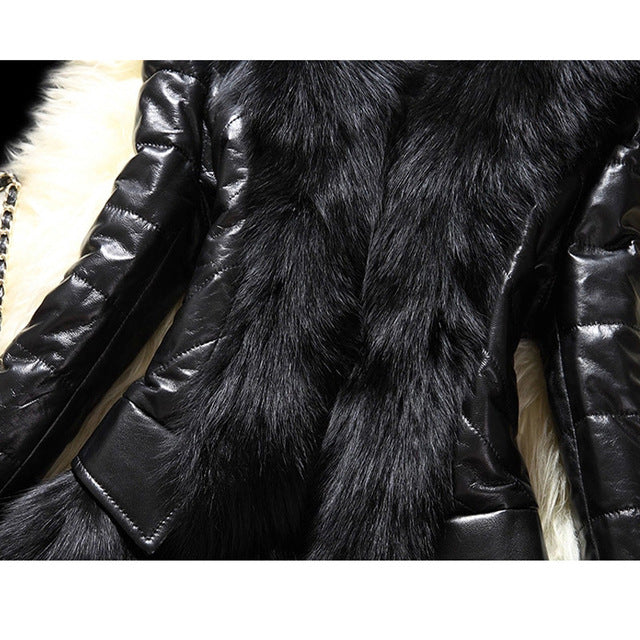 Faux fur large fur collar leather jacket Image