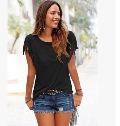 Wish quick sale eBay ladies Europe and America big size round neck short sleeve cuffs tassel T-shirt cotton tops Image