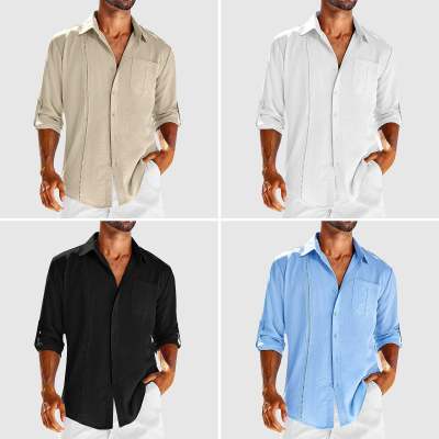 Casual  Long Sleeve Shirt With Pocket Lace Polo Collar Solid Color Button Mens Clothing Image