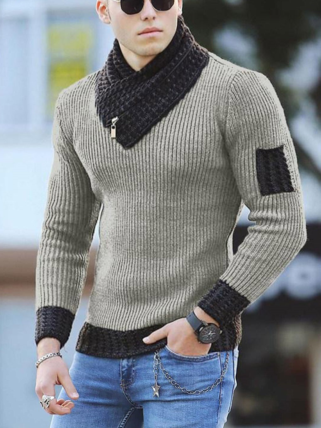 Independent Station Casual Slim Knit Pullover Long-sleeved Scarf Collar Sweater Men's Image