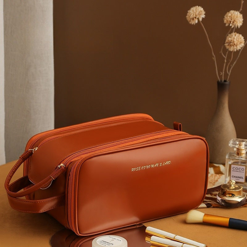 Three-layer Double Zipper U-shaped Design Cosmetic Bag Fashion High Capacity Make Up Bags Portable Pu Leather Storage Bag For Skin Care Products Image