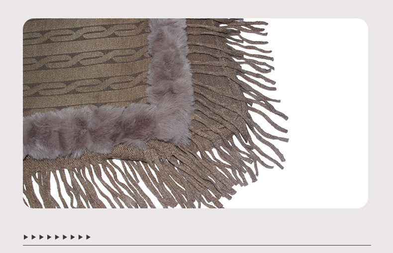 Pure Color Knitted Cape Shawl With Fur Collar Image