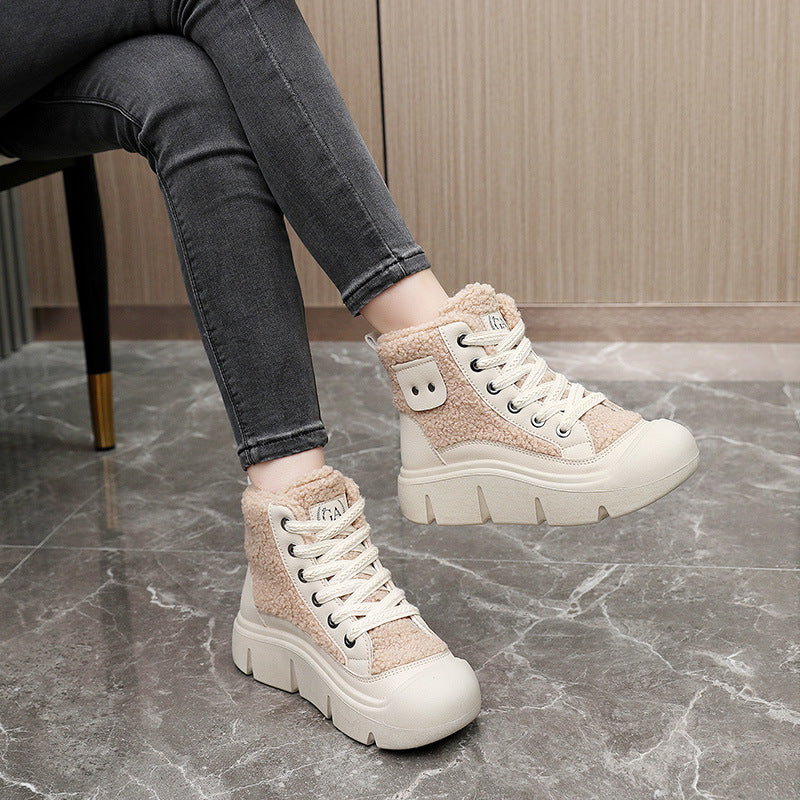 Lace-up High-top Flat Shoes For Women Winter Warm Cashmere Snow Boots Fashion Street Campus Students Height Increasing Shoes Image