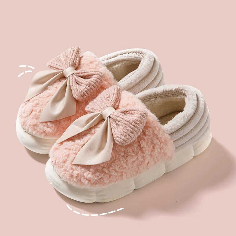 Big Bow-knot Fluffy Slippers Winter Warm Covered Heel Cotton Shoes Fashion Thick-soled Platform Slippers Indoor And Outdoor Garden Walking Shoes Image