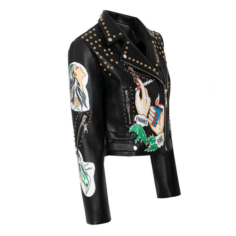 New Jacket Leather Fashion Personality Women's Print Rivet Jacket Short Image