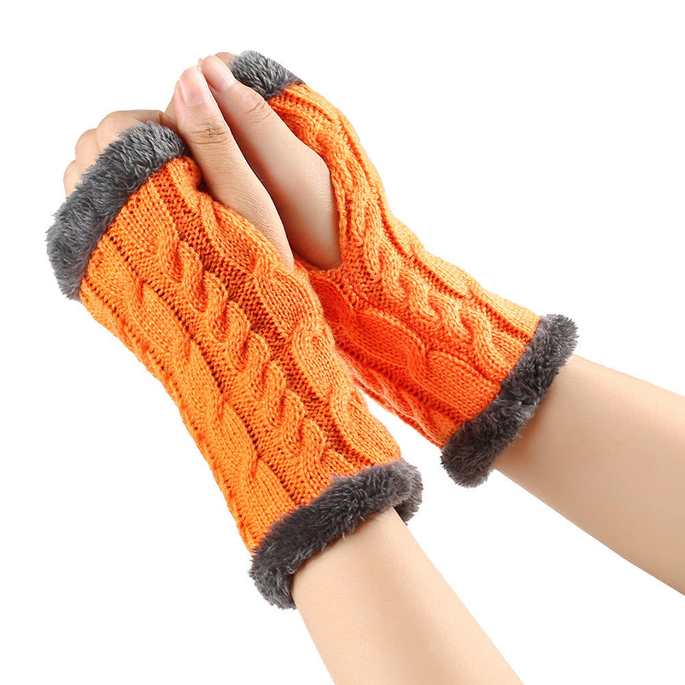 Winter Plush Gloves Twist Knitted Fingerless Fleece Gloves Women Warm Thickened Woolen Gloves Image