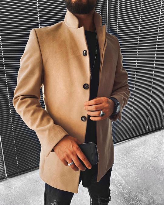 Men's Stand-Up Collar Mid-Length Woolen Coat Jacket Image