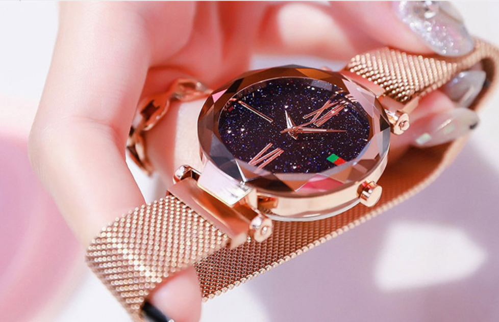 Luxury Women Watches Mesh Ladies Clock Magnet Buckle Starry Diamond Geometric Surface Quartz Wristwatch Image