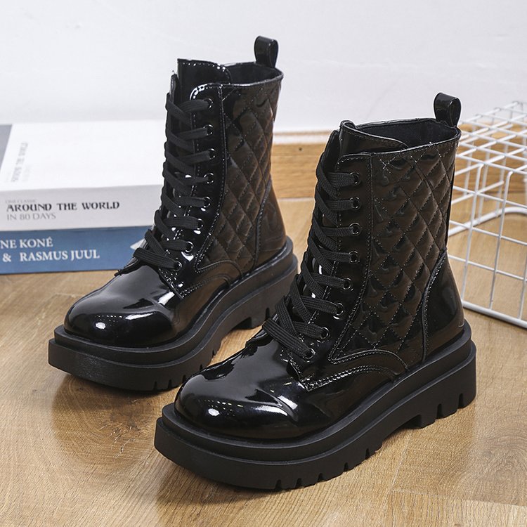 Lace-up Thick-heeled Boots Winter Casual Round Toe Platform Ankle Boots Women Fashion Quilted Pattern Minimalist Motorcycle Shoes Image