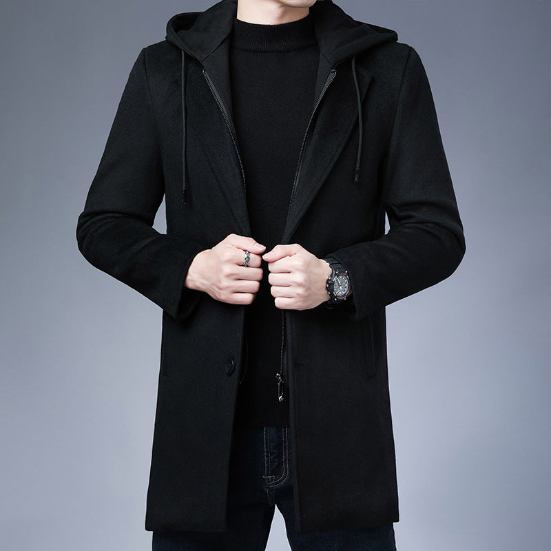 Mens Detachable Hooded Woolen Winter Coat Jacket Mid-Length Single Breasted Image