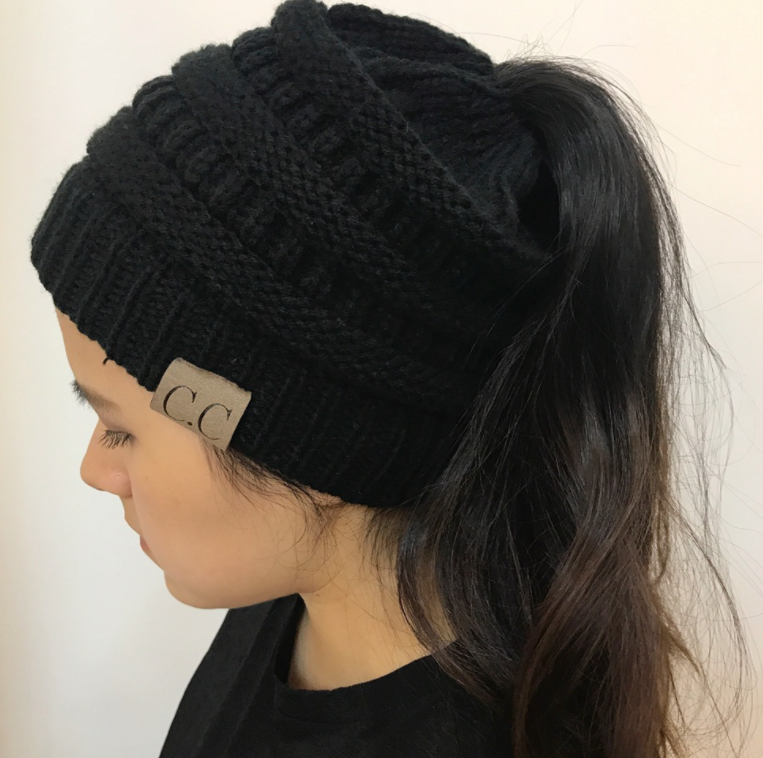 High Bun Ponytail Beanie Hat Chunky Soft Stretch Cable Knit Warm Fuzzy Lined Skull Beanie Acrylic Hats Men And Women Image