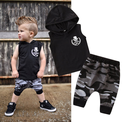 2PCS Toddler Kids Baby Boy Sleeveless Hooded Clothes T-shirt Tops Camo Pants Outfits