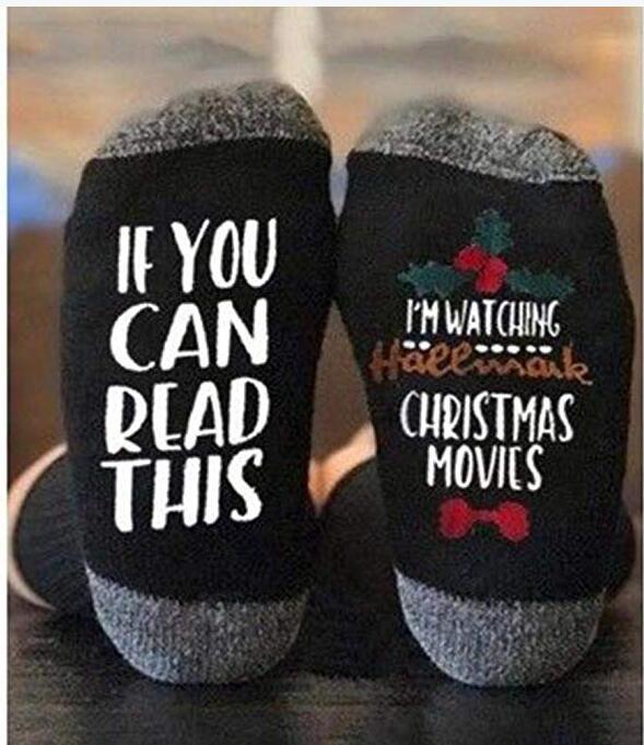 New Funny Winter Creative Art Lettered Wine Socks Xmas Gift If You Can Read Watching Christmas Movies Home Image