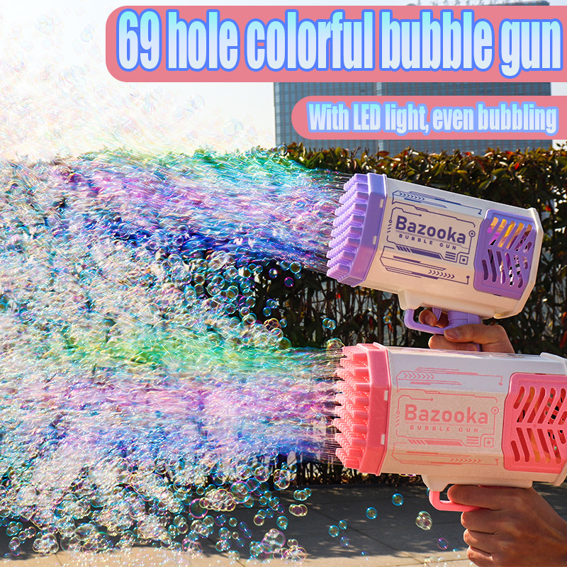 Bubble Gun Rocket 69 Holes Soap Bubbles Machine Gun Shape Automatic Blower With Light Toys For Kids Pomperos Image