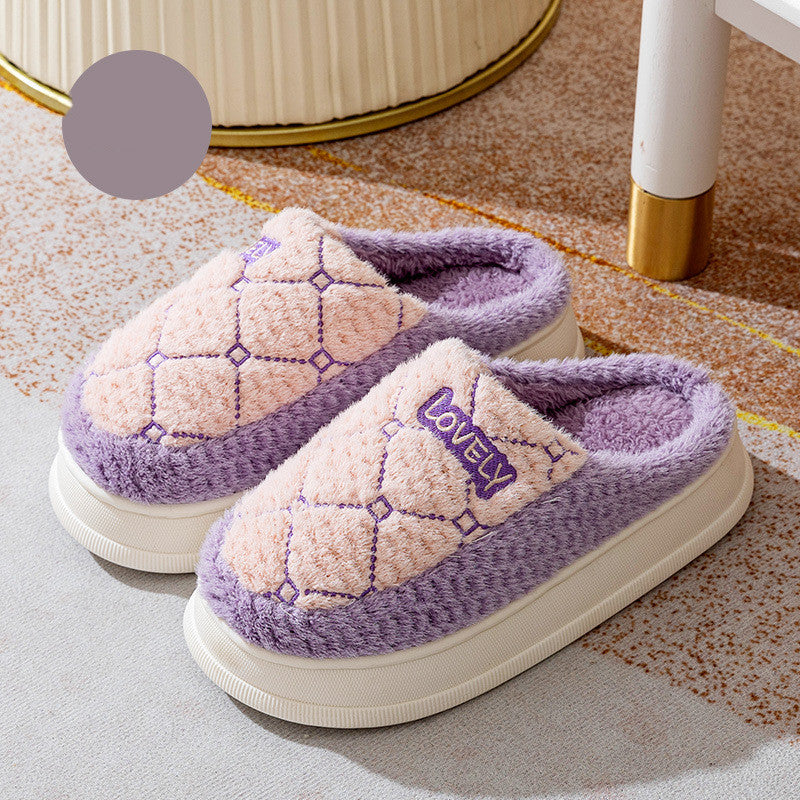 Thick-soled Non-slip Fluffy Slippers With Rhombus Pattern Design Couple Men's Cotton Shoes Indoor Floor Plaid Plush House Slippers Woman Image