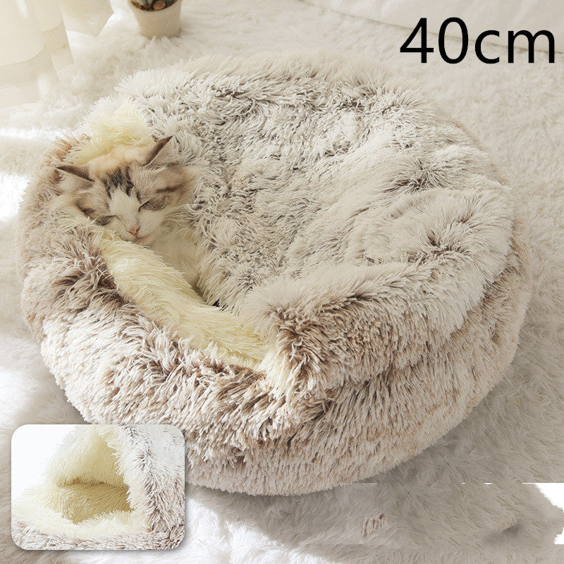 2 In 1 Dog And Cat Bed Pet Winter Bed Round Plush Warm Bed House Soft Long Plush Pets Bed Image