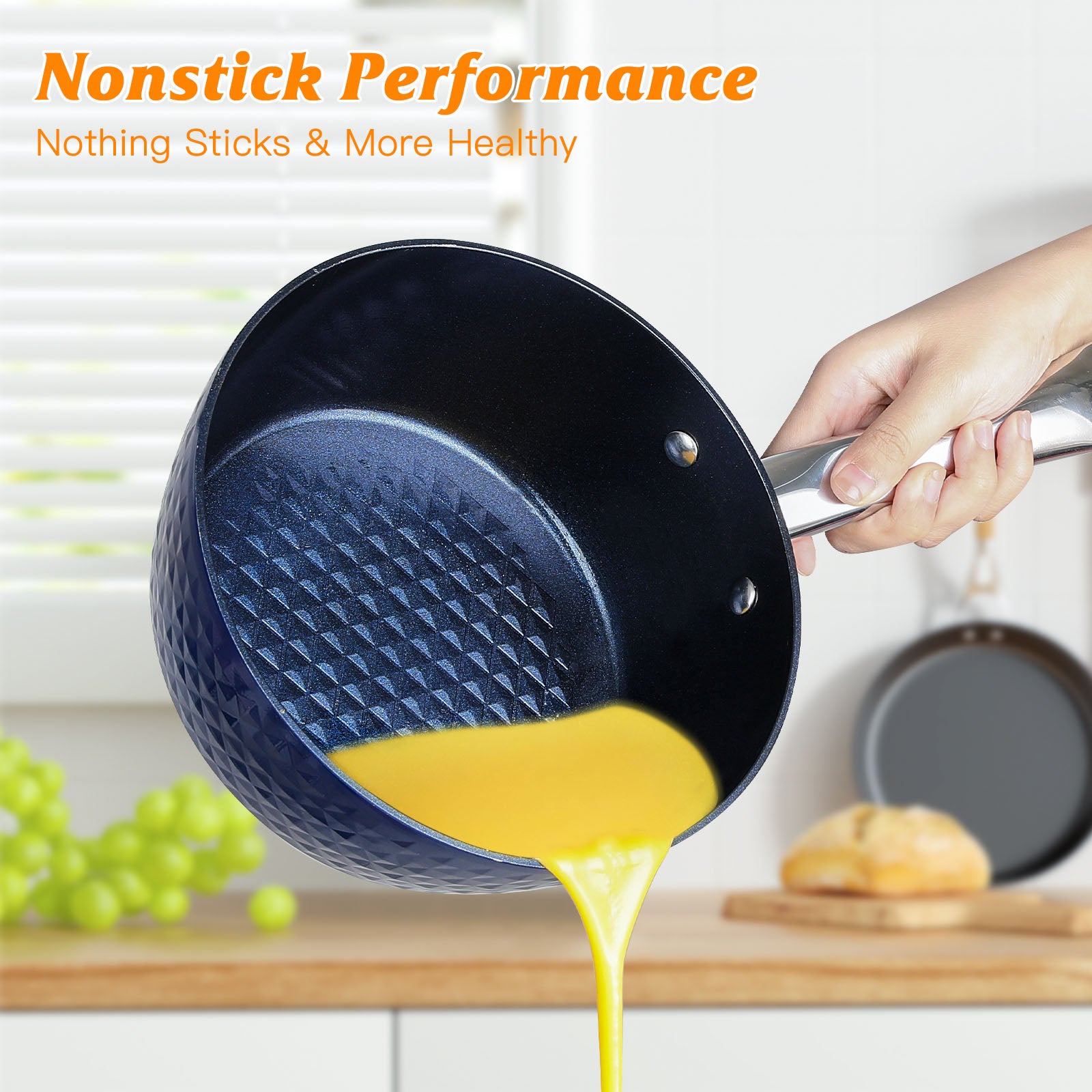 Frying Pan Sets Non Stick 3Pieces Blue 3D Diamond Cookware Image