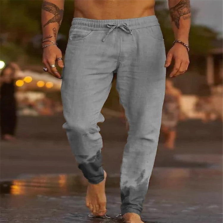 Men's Solid Color Cotton Linen Loose Beach Casual Pants Image