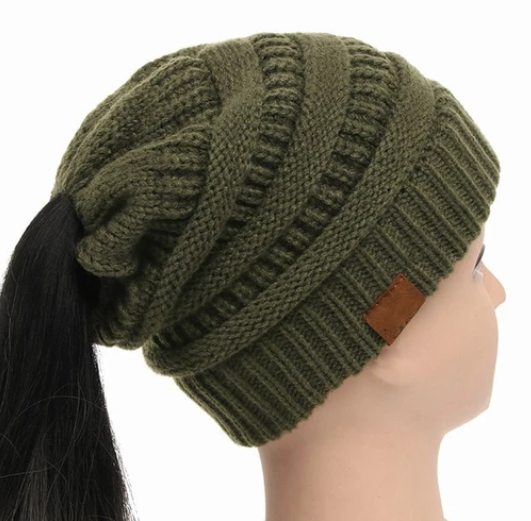 High Bun Ponytail Beanie Hat Chunky Soft Stretch Cable Knit Warm Fuzzy Lined Skull Beanie Acrylic Hats Men And Women Image