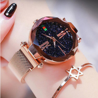 Luxury Women Watches Mesh Ladies Clock Magnet Buckle Starry Diamond Geometric Surface Quartz Wristwatch