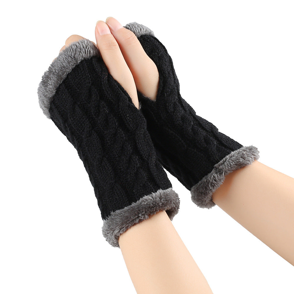 Winter Plush Gloves Twist Knitted Fingerless Fleece Gloves Women Warm Thickened Woolen Gloves Image